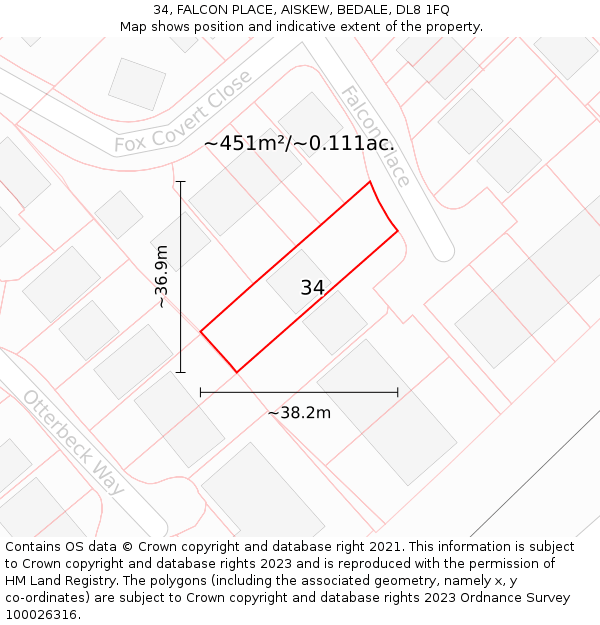 34, FALCON PLACE, AISKEW, BEDALE, DL8 1FQ: Plot and title map