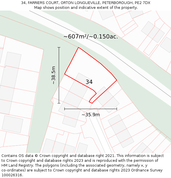 34, FARRIERS COURT, ORTON LONGUEVILLE, PETERBOROUGH, PE2 7DX: Plot and title map