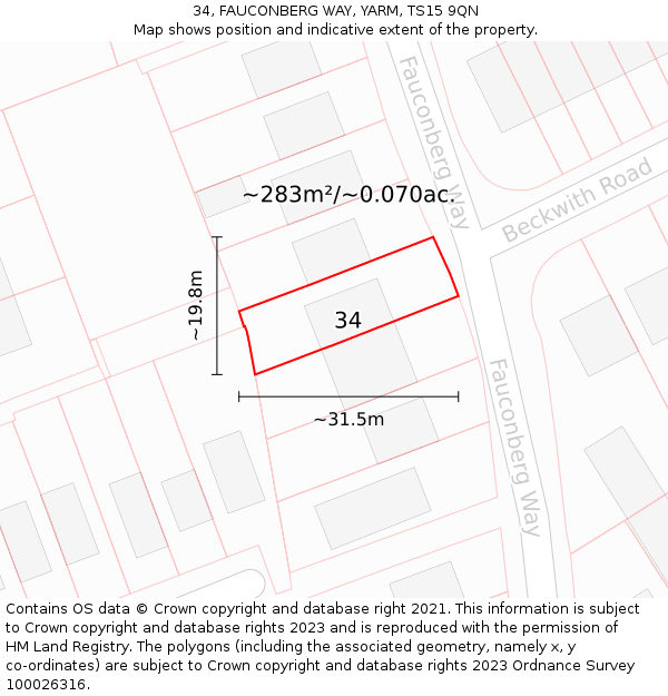 34, FAUCONBERG WAY, YARM, TS15 9QN: Plot and title map