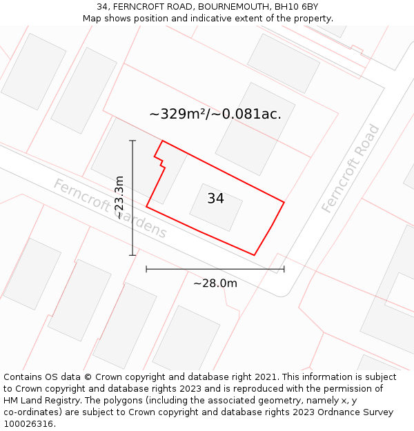 34, FERNCROFT ROAD, BOURNEMOUTH, BH10 6BY: Plot and title map