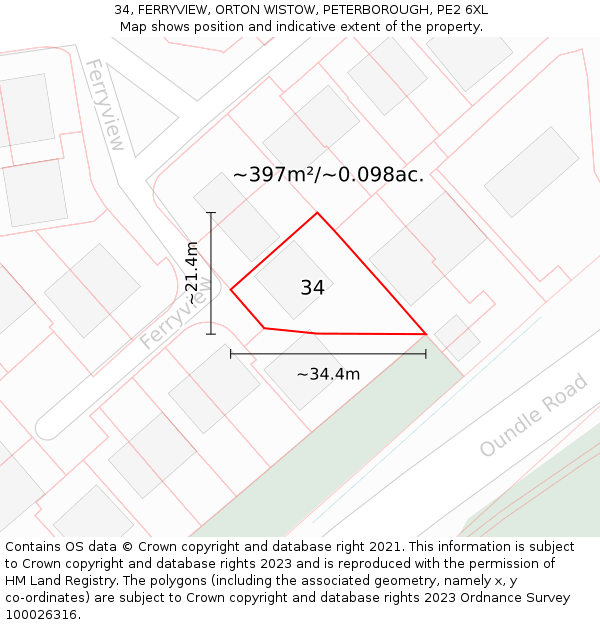 34, FERRYVIEW, ORTON WISTOW, PETERBOROUGH, PE2 6XL: Plot and title map