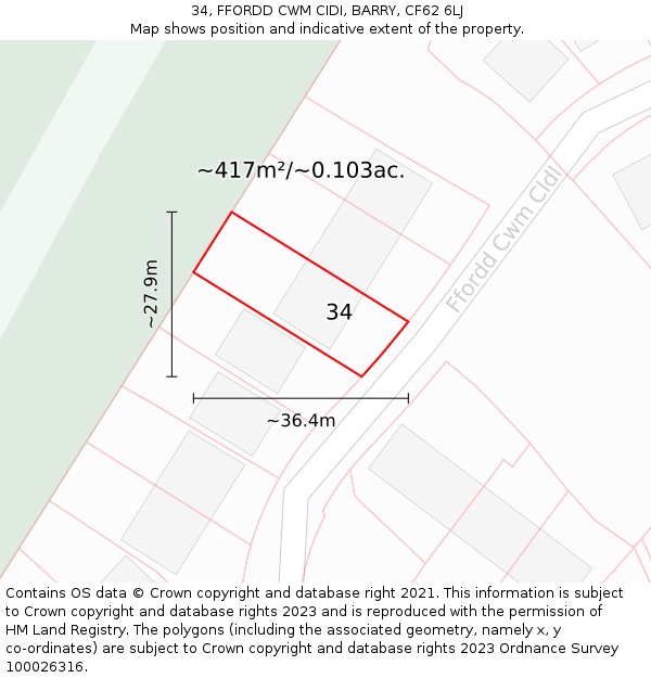 34, FFORDD CWM CIDI, BARRY, CF62 6LJ: Plot and title map