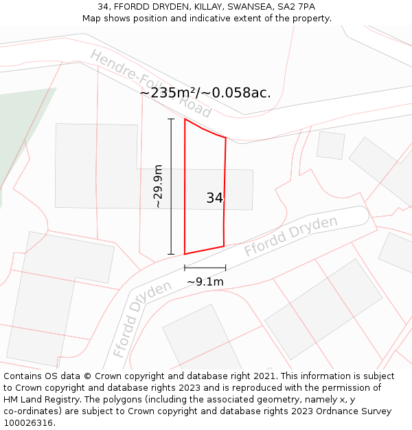 34, FFORDD DRYDEN, KILLAY, SWANSEA, SA2 7PA: Plot and title map