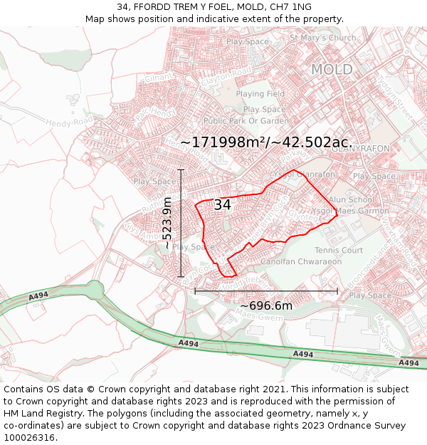 34, FFORDD TREM Y FOEL, MOLD, CH7 1NG: Plot and title map