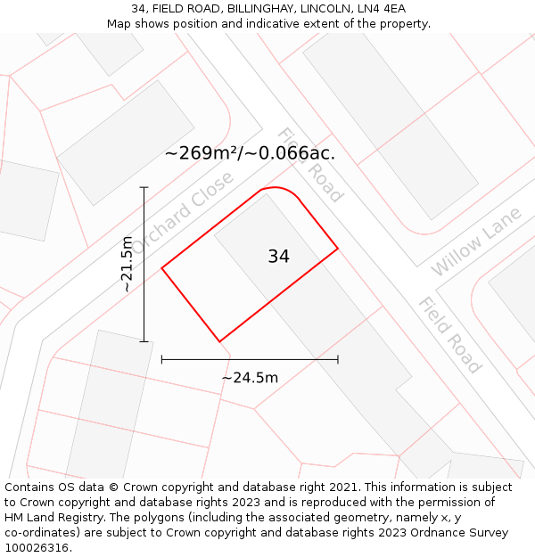 34, FIELD ROAD, BILLINGHAY, LINCOLN, LN4 4EA: Plot and title map