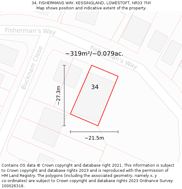 34, FISHERMANS WAY, KESSINGLAND, LOWESTOFT, NR33 7NY: Plot and title map