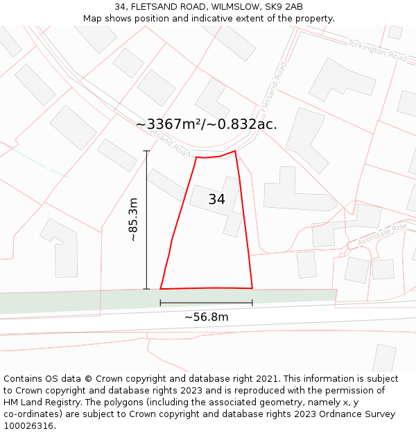 34, FLETSAND ROAD, WILMSLOW, SK9 2AB: Plot and title map