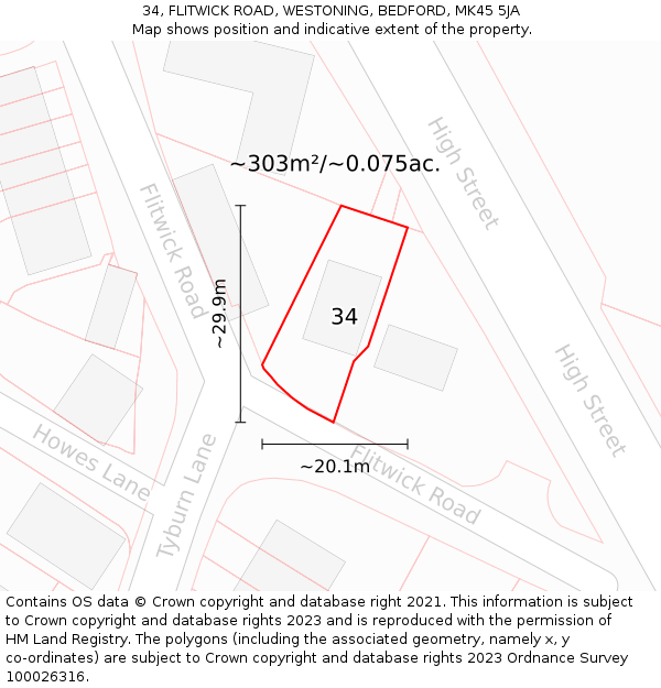 34, FLITWICK ROAD, WESTONING, BEDFORD, MK45 5JA: Plot and title map