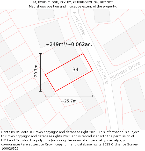 34, FORD CLOSE, YAXLEY, PETERBOROUGH, PE7 3DT: Plot and title map