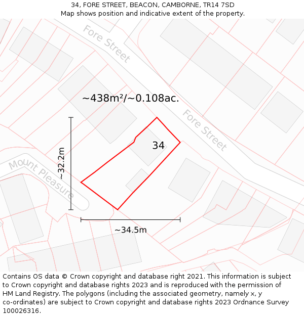 34, FORE STREET, BEACON, CAMBORNE, TR14 7SD: Plot and title map