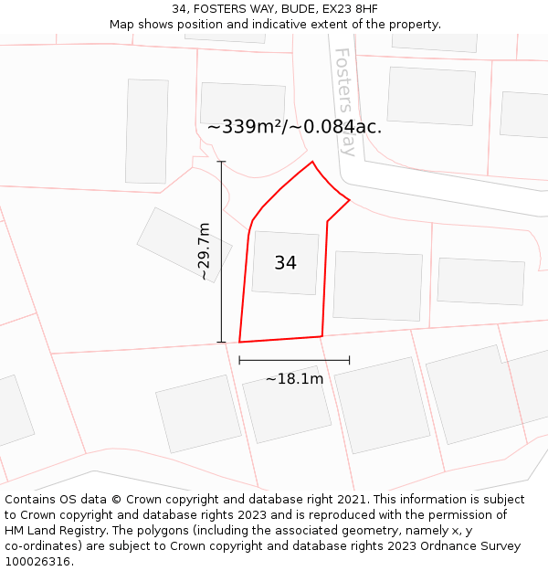 34, FOSTERS WAY, BUDE, EX23 8HF: Plot and title map