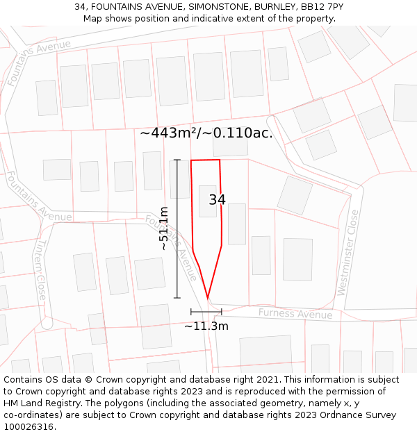 34, FOUNTAINS AVENUE, SIMONSTONE, BURNLEY, BB12 7PY: Plot and title map