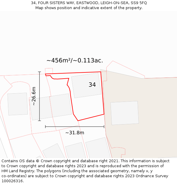 34, FOUR SISTERS WAY, EASTWOOD, LEIGH-ON-SEA, SS9 5FQ: Plot and title map