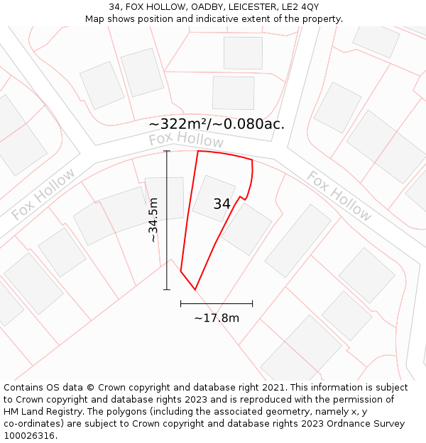 34, FOX HOLLOW, OADBY, LEICESTER, LE2 4QY: Plot and title map