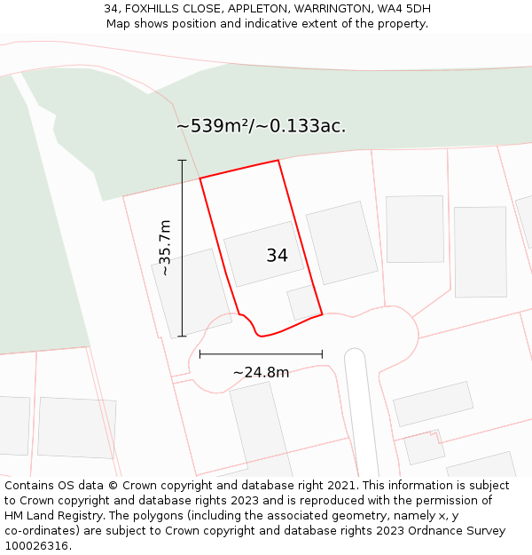 34, FOXHILLS CLOSE, APPLETON, WARRINGTON, WA4 5DH: Plot and title map