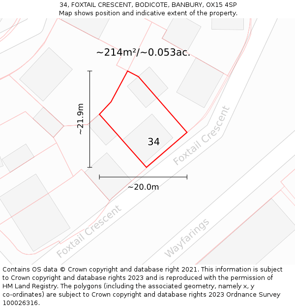 34, FOXTAIL CRESCENT, BODICOTE, BANBURY, OX15 4SP: Plot and title map