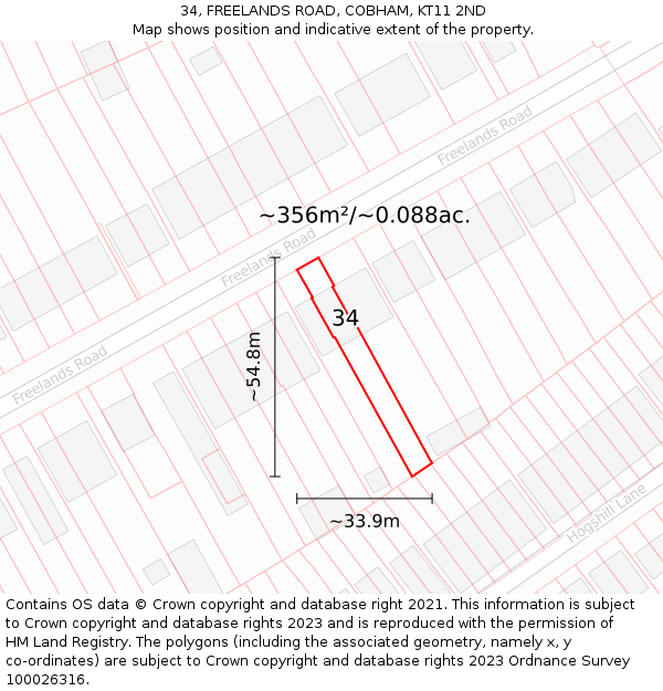 34, FREELANDS ROAD, COBHAM, KT11 2ND: Plot and title map