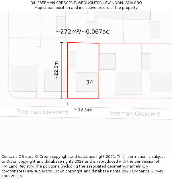 34, FREEMAN CRESCENT, WROUGHTON, SWINDON, SN4 9BQ: Plot and title map