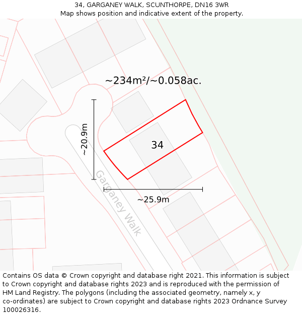 34, GARGANEY WALK, SCUNTHORPE, DN16 3WR: Plot and title map