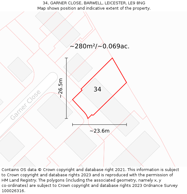 34, GARNER CLOSE, BARWELL, LEICESTER, LE9 8NG: Plot and title map