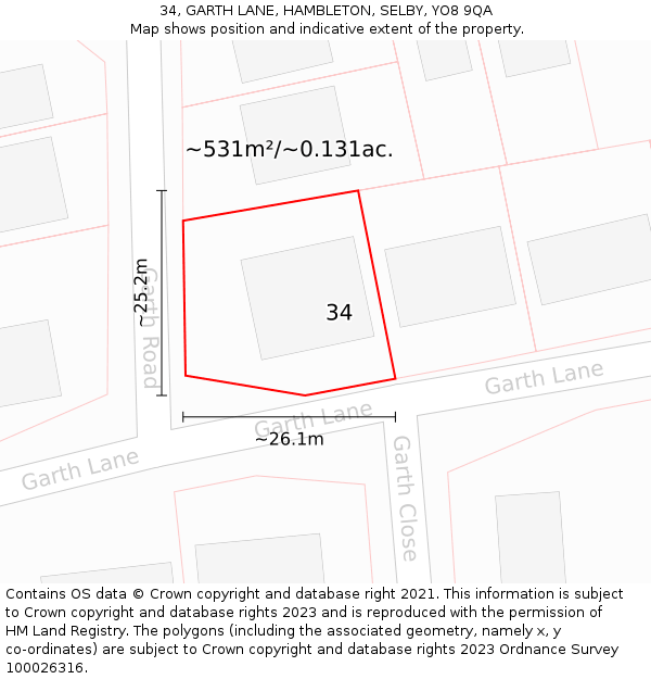 34, GARTH LANE, HAMBLETON, SELBY, YO8 9QA: Plot and title map