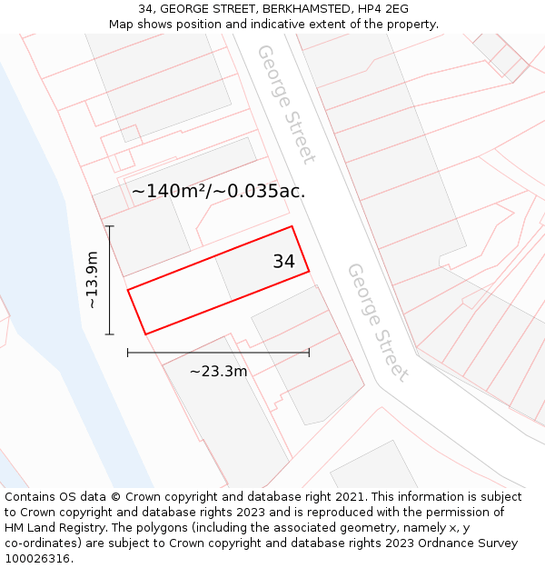 34, GEORGE STREET, BERKHAMSTED, HP4 2EG: Plot and title map