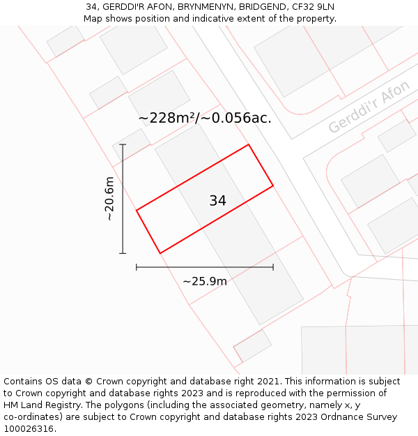 34, GERDDI'R AFON, BRYNMENYN, BRIDGEND, CF32 9LN: Plot and title map