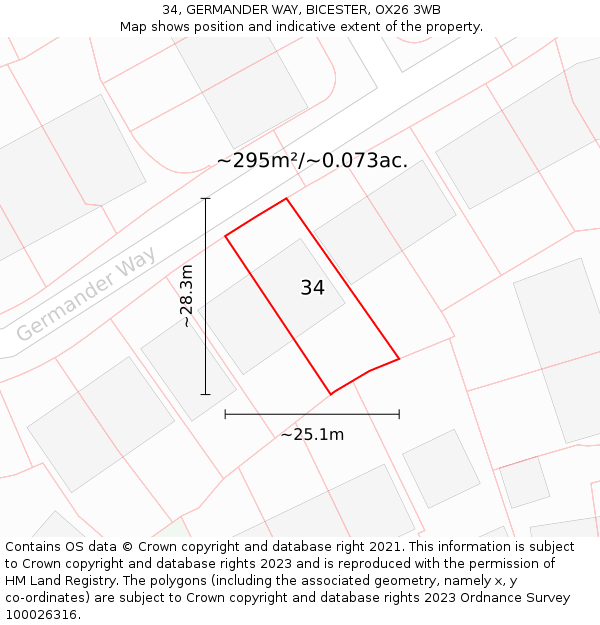 34, GERMANDER WAY, BICESTER, OX26 3WB: Plot and title map