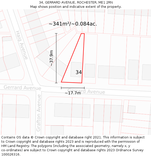 34, GERRARD AVENUE, ROCHESTER, ME1 2RN: Plot and title map