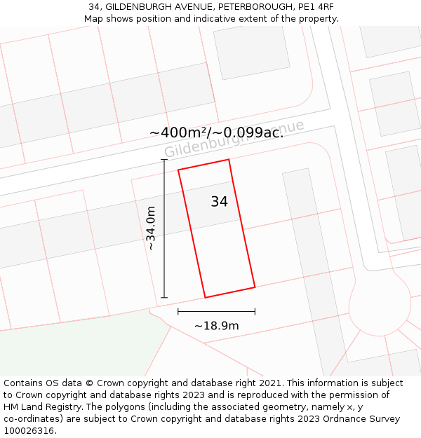 34, GILDENBURGH AVENUE, PETERBOROUGH, PE1 4RF: Plot and title map