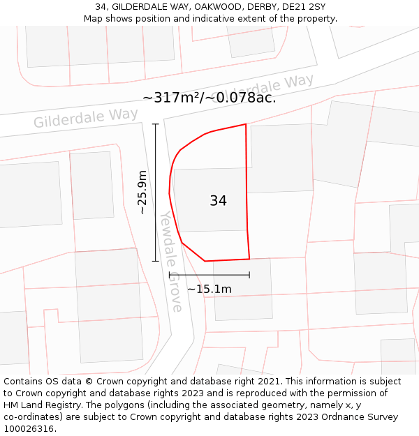 34, GILDERDALE WAY, OAKWOOD, DERBY, DE21 2SY: Plot and title map