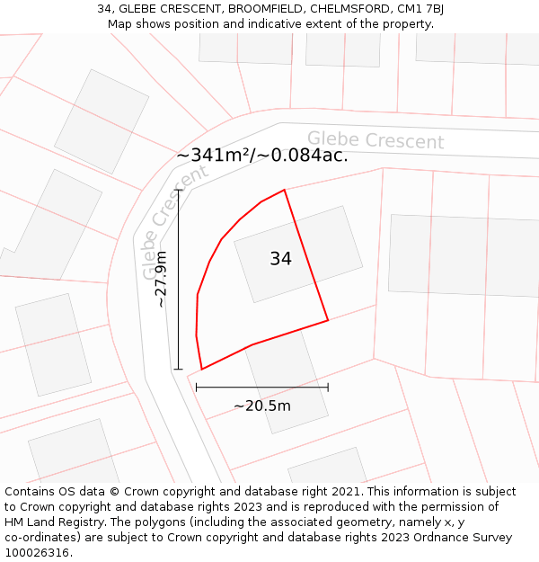 34, GLEBE CRESCENT, BROOMFIELD, CHELMSFORD, CM1 7BJ: Plot and title map