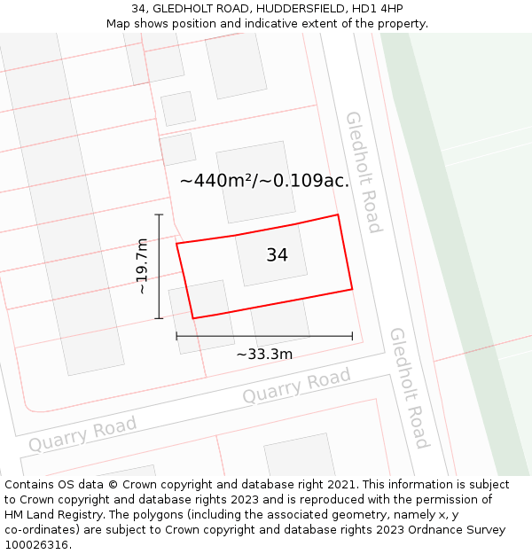 34, GLEDHOLT ROAD, HUDDERSFIELD, HD1 4HP: Plot and title map