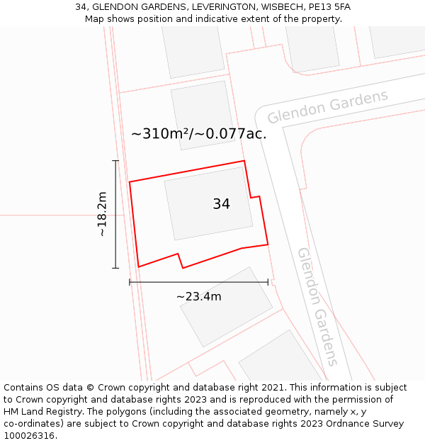 34, GLENDON GARDENS, LEVERINGTON, WISBECH, PE13 5FA: Plot and title map