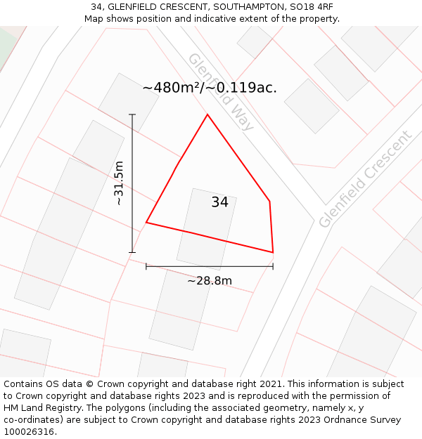 34, GLENFIELD CRESCENT, SOUTHAMPTON, SO18 4RF: Plot and title map