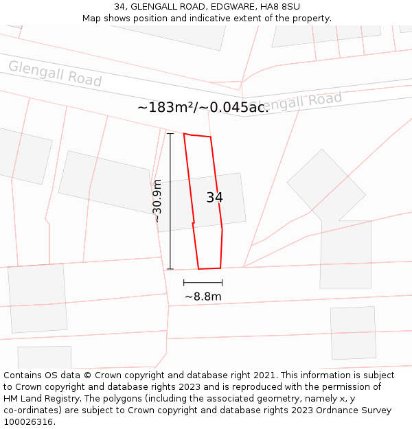 34, GLENGALL ROAD, EDGWARE, HA8 8SU: Plot and title map