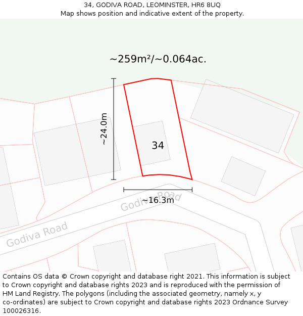 34, GODIVA ROAD, LEOMINSTER, HR6 8UQ: Plot and title map