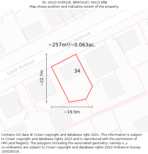 34, GOLD AVENUE, BRACKLEY, NN13 6RB: Plot and title map