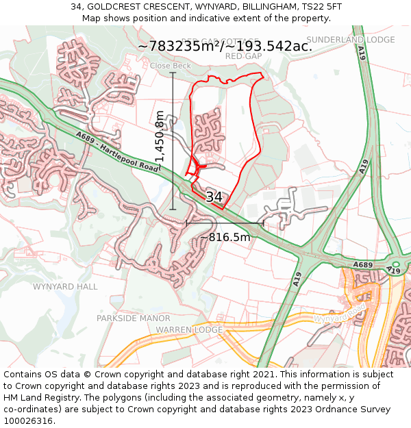 34, GOLDCREST CRESCENT, WYNYARD, BILLINGHAM, TS22 5FT: Plot and title map