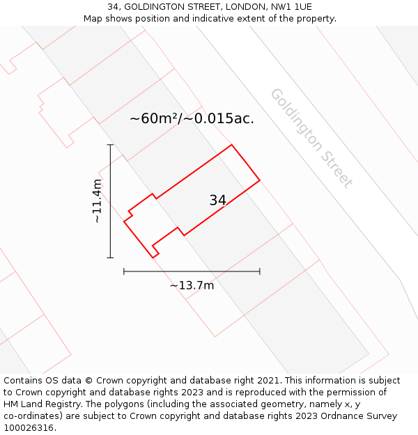 34, GOLDINGTON STREET, LONDON, NW1 1UE: Plot and title map