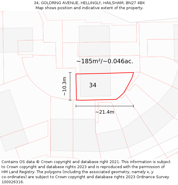 34, GOLDRING AVENUE, HELLINGLY, HAILSHAM, BN27 4BX: Plot and title map