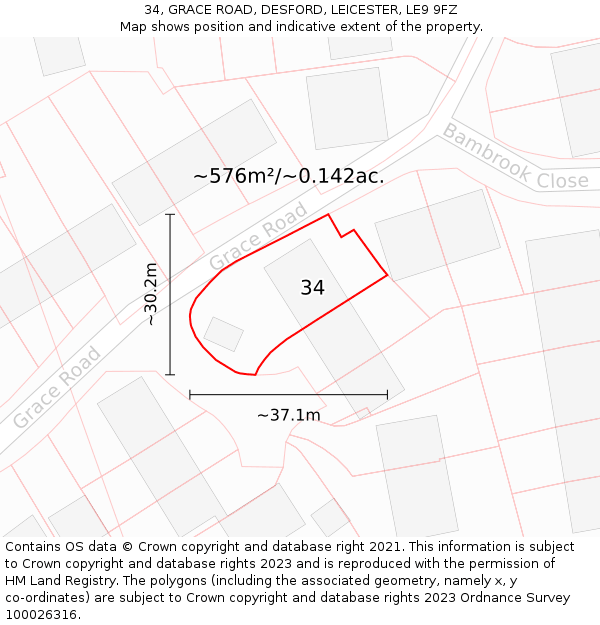 34, GRACE ROAD, DESFORD, LEICESTER, LE9 9FZ: Plot and title map