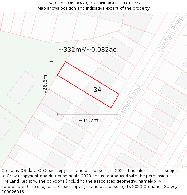 34, GRAFTON ROAD, BOURNEMOUTH, BH3 7JS: Plot and title map