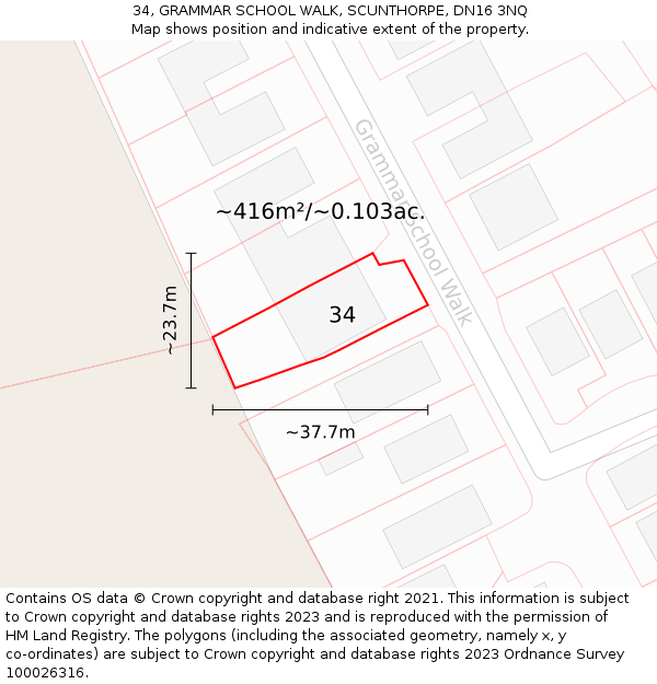 34, GRAMMAR SCHOOL WALK, SCUNTHORPE, DN16 3NQ: Plot and title map