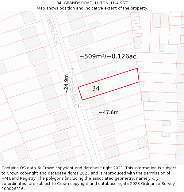 34, GRANBY ROAD, LUTON, LU4 9SZ: Plot and title map