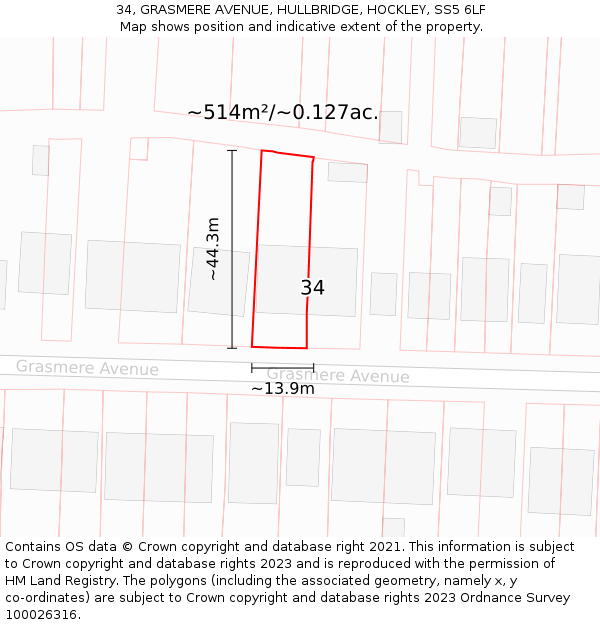34, GRASMERE AVENUE, HULLBRIDGE, HOCKLEY, SS5 6LF: Plot and title map