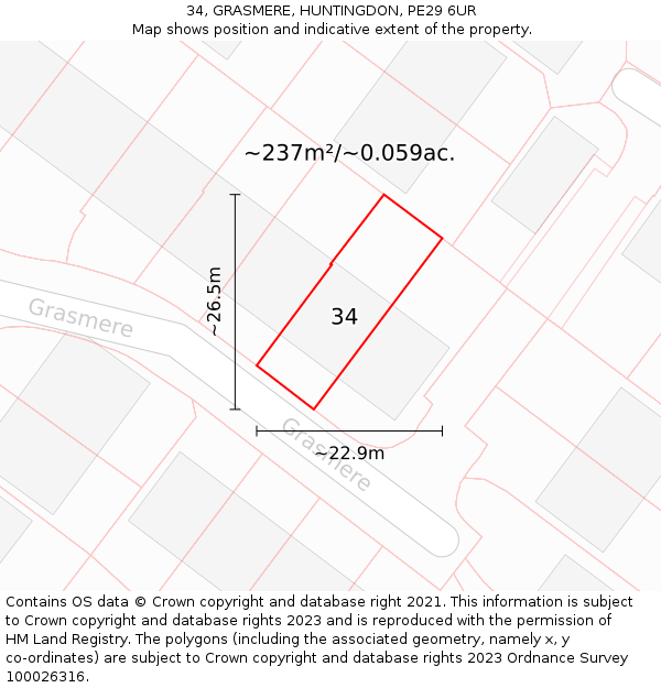 34, GRASMERE, HUNTINGDON, PE29 6UR: Plot and title map