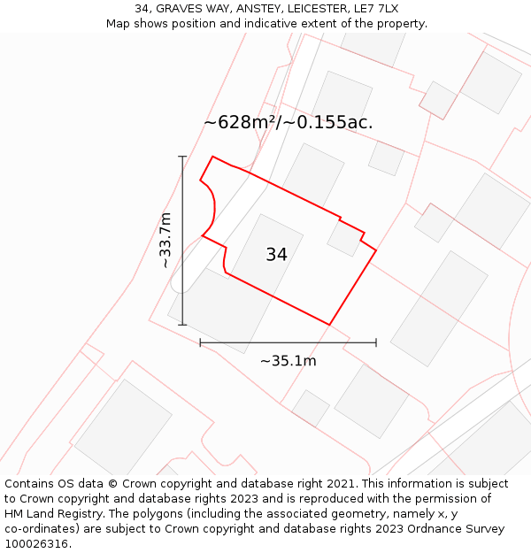 34, GRAVES WAY, ANSTEY, LEICESTER, LE7 7LX: Plot and title map