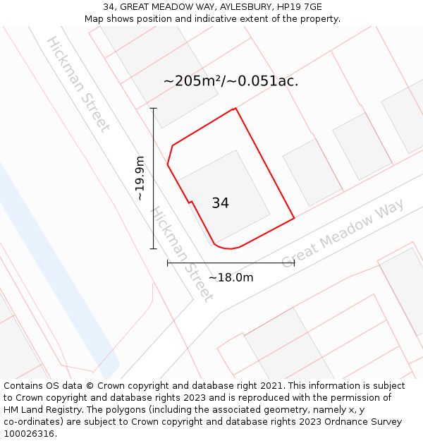 34, GREAT MEADOW WAY, AYLESBURY, HP19 7GE: Plot and title map