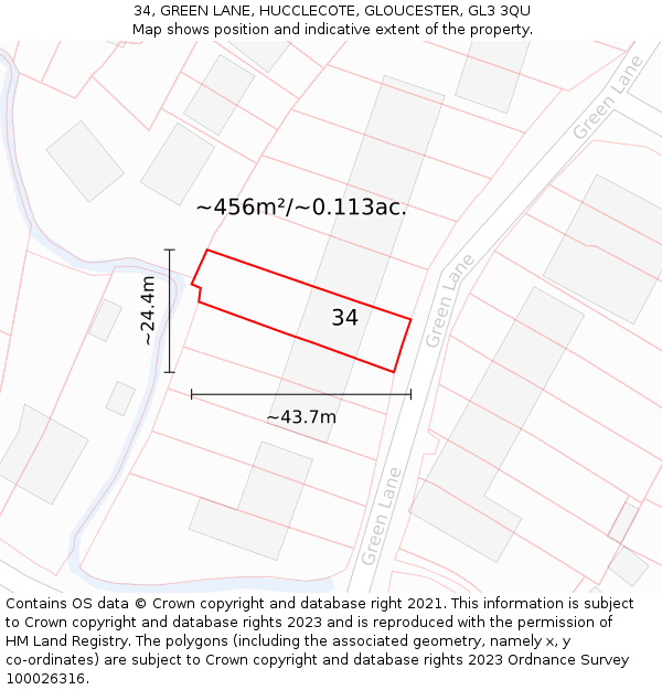34, GREEN LANE, HUCCLECOTE, GLOUCESTER, GL3 3QU: Plot and title map